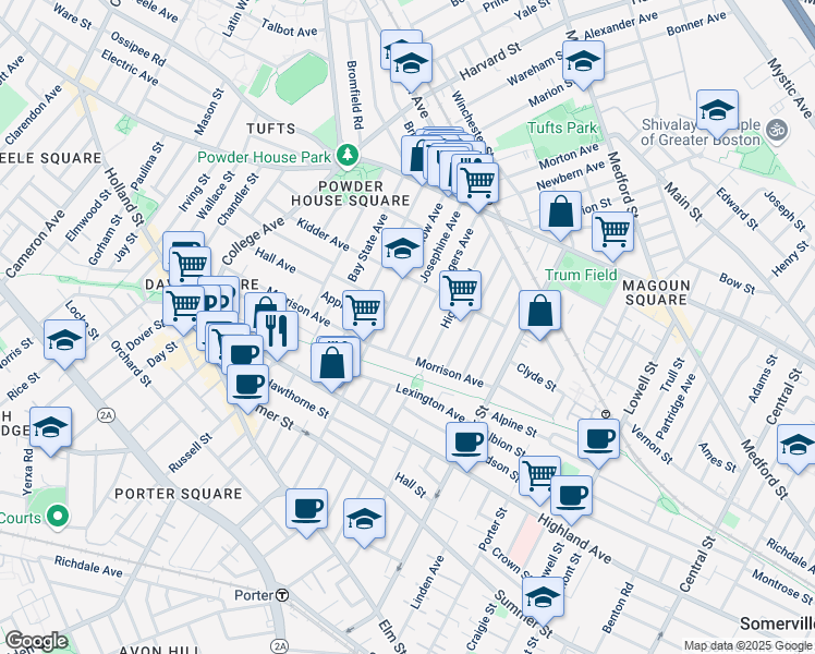 map of restaurants, bars, coffee shops, grocery stores, and more near 19 Rogers Avenue in Somerville