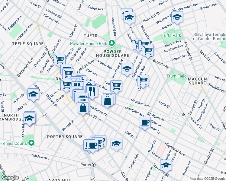 map of restaurants, bars, coffee shops, grocery stores, and more near 125 Morrison Avenue in Somerville