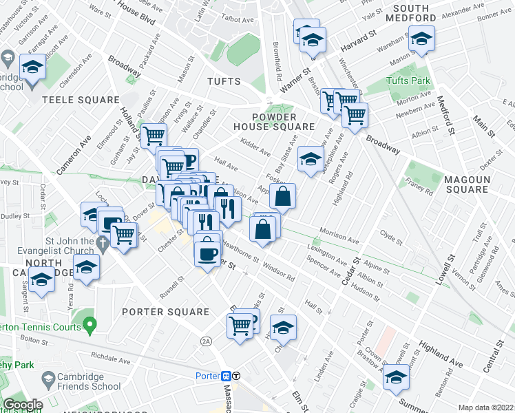 map of restaurants, bars, coffee shops, grocery stores, and more near 97 Winslow Avenue in Somerville