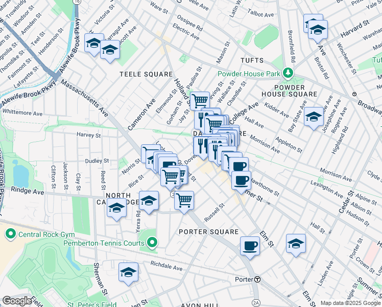 map of restaurants, bars, coffee shops, grocery stores, and more near 88 Dover Street in Somerville
