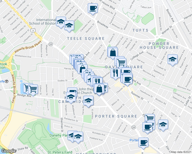map of restaurants, bars, coffee shops, grocery stores, and more near 9 Locke Street in Cambridge