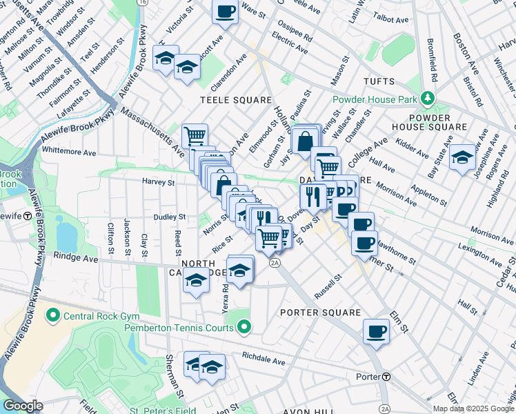 map of restaurants, bars, coffee shops, grocery stores, and more near 9 Locke Street in Cambridge