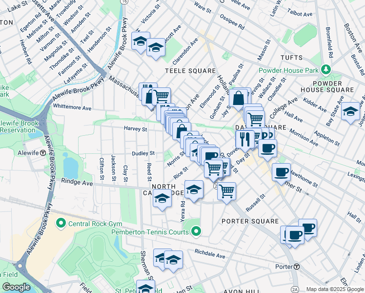 map of restaurants, bars, coffee shops, grocery stores, and more near in Cambridge