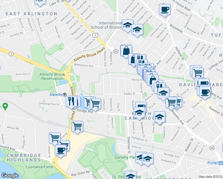 map of restaurants, bars, coffee shops, grocery stores, and more near 133 Dudley Street in Cambridge