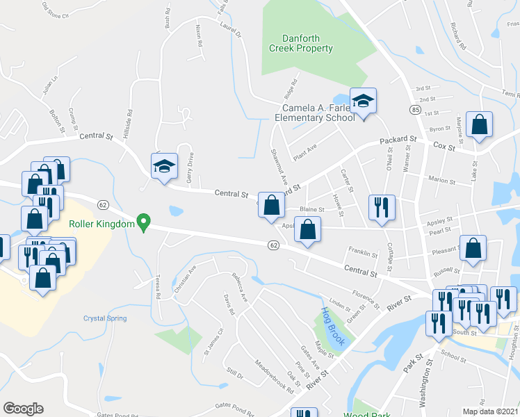 map of restaurants, bars, coffee shops, grocery stores, and more near 130 Central Street in Hudson