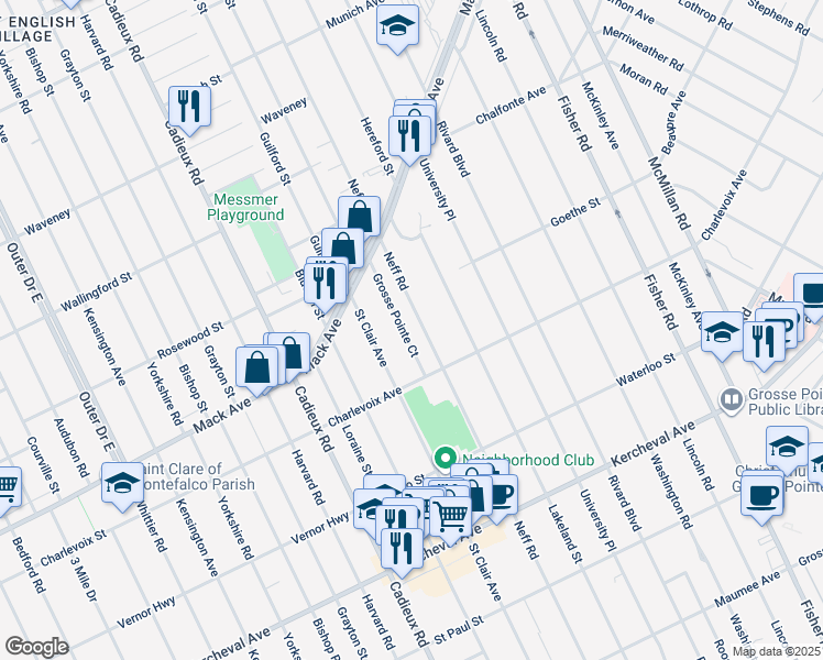 map of restaurants, bars, coffee shops, grocery stores, and more near 843 Grosse Pointe Court in Grosse Pointe