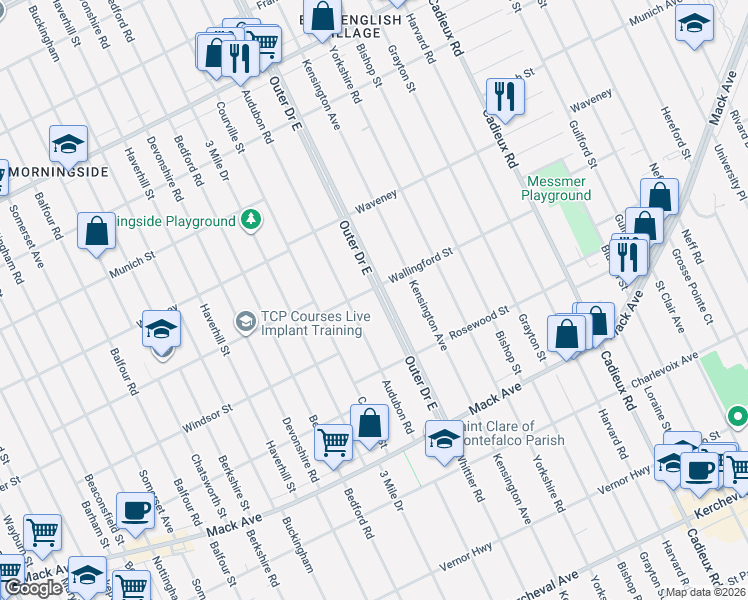 map of restaurants, bars, coffee shops, grocery stores, and more near 13016 Outer Drive East in Detroit