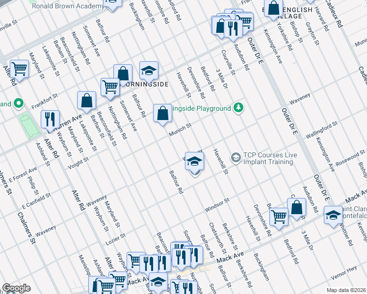 map of restaurants, bars, coffee shops, grocery stores, and more near 4350 Chatsworth Street in Detroit