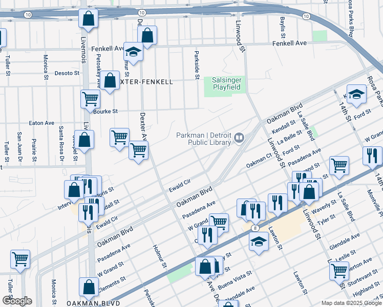 map of restaurants, bars, coffee shops, grocery stores, and more near 3233 Doris Street in Detroit