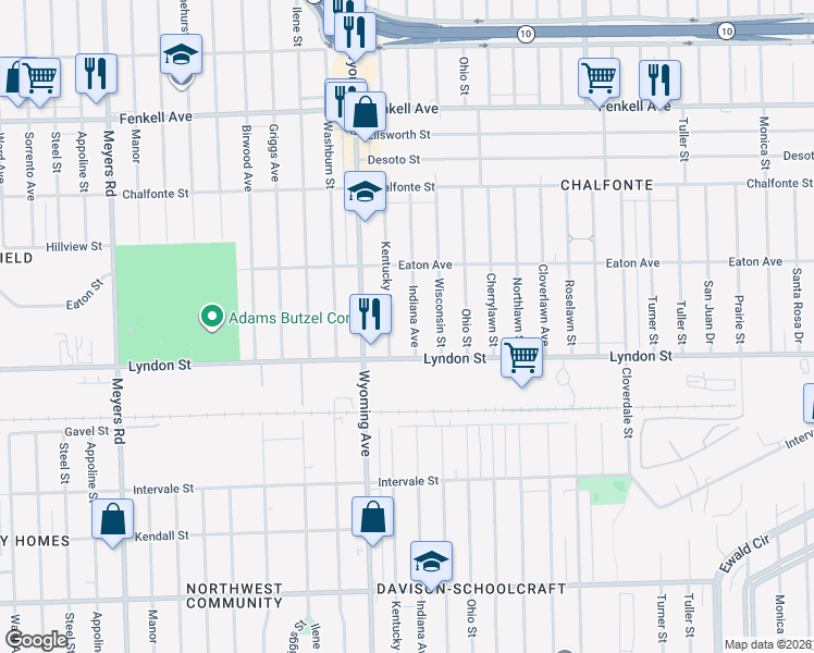 map of restaurants, bars, coffee shops, grocery stores, and more near 14544 Indiana Street in Detroit