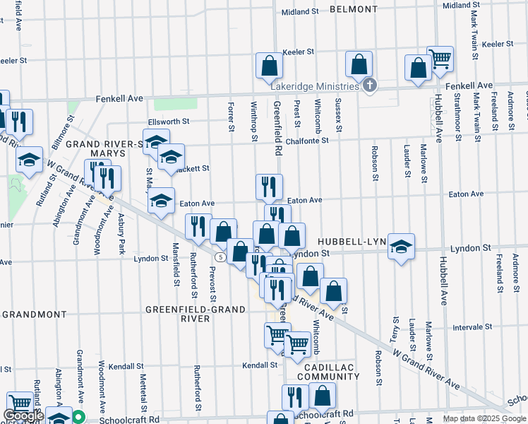 map of restaurants, bars, coffee shops, grocery stores, and more near 14625 Greenfield Road in Detroit