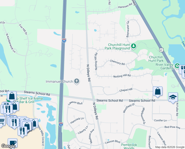 map of restaurants, bars, coffee shops, grocery stores, and more near 5571 Notting Hill Road in Gurnee