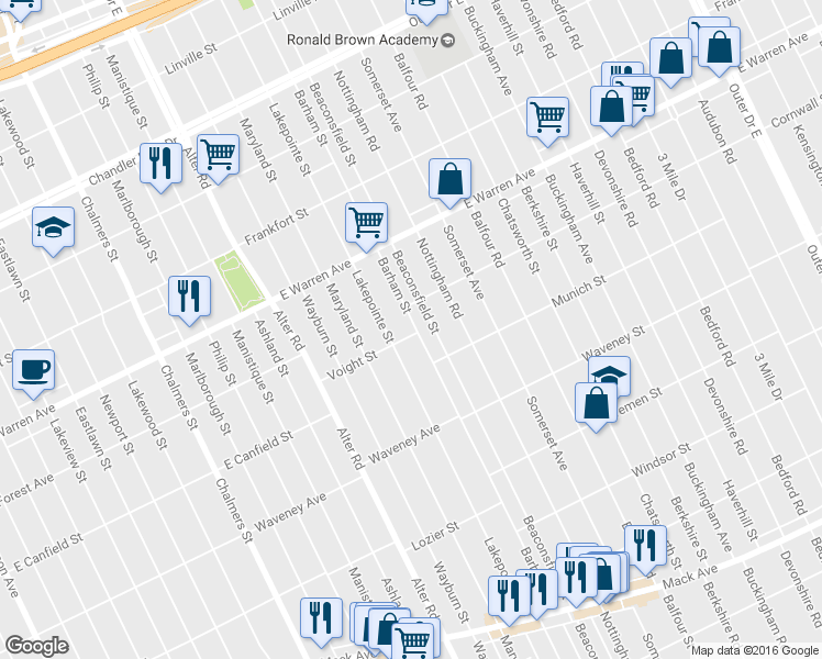 map of restaurants, bars, coffee shops, grocery stores, and more near 4715 Barham Ave in Detroit