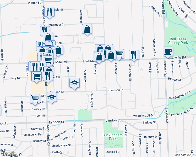 map of restaurants, bars, coffee shops, grocery stores, and more near 15006 Sunbury Street in Livonia