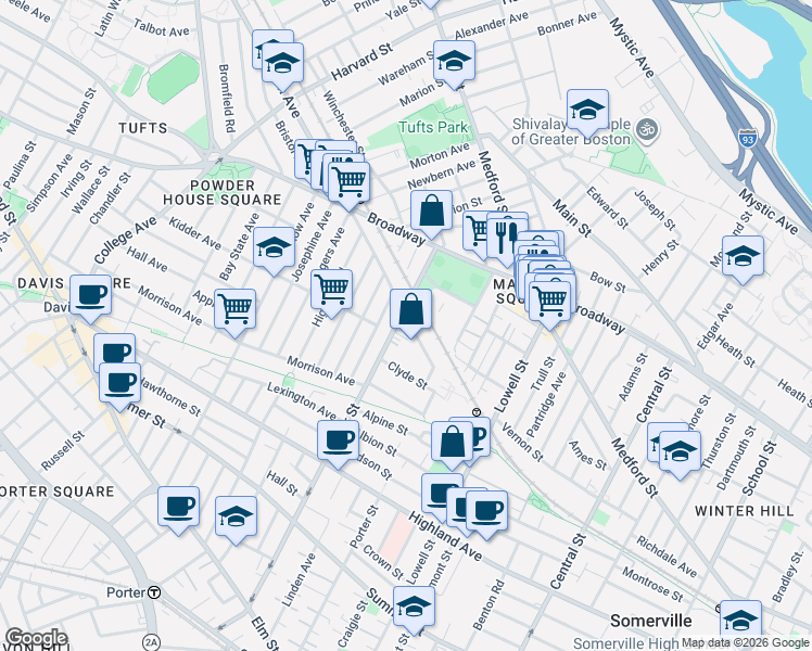 map of restaurants, bars, coffee shops, grocery stores, and more near 17 Murdock Street in Somerville