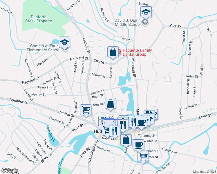 map of restaurants, bars, coffee shops, grocery stores, and more near 11 Lake Street in Hudson