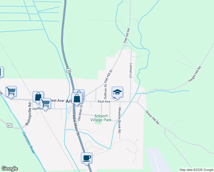map of restaurants, bars, coffee shops, grocery stores, and more near 10 Sullivan Street in Arkport