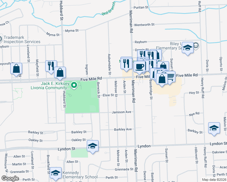 map of restaurants, bars, coffee shops, grocery stores, and more near 15137 Melrose Street in Livonia