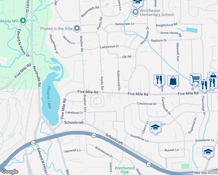 map of restaurants, bars, coffee shops, grocery stores, and more near 42038 Five Mile Road in Plymouth