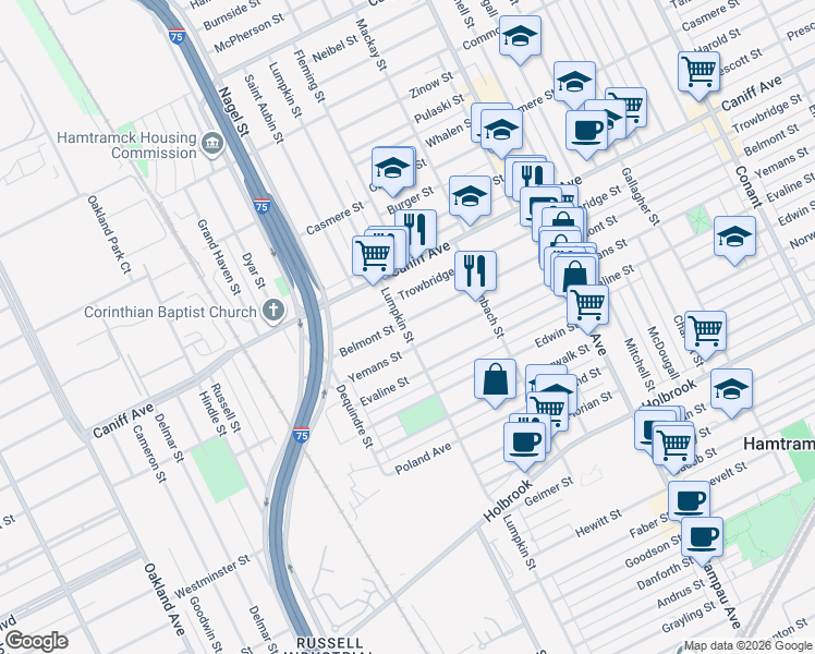map of restaurants, bars, coffee shops, grocery stores, and more near 2225 Yemans Street in Hamtramck