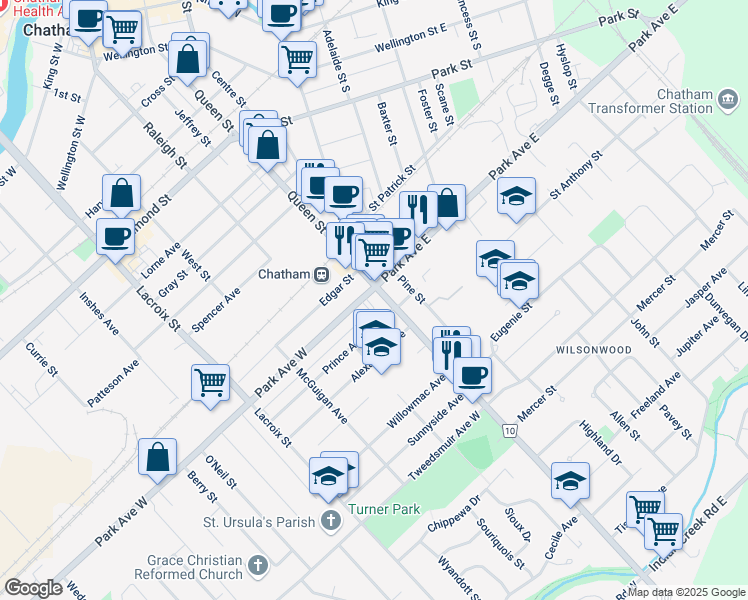 map of restaurants, bars, coffee shops, grocery stores, and more near 420 Queen Street in Chatham