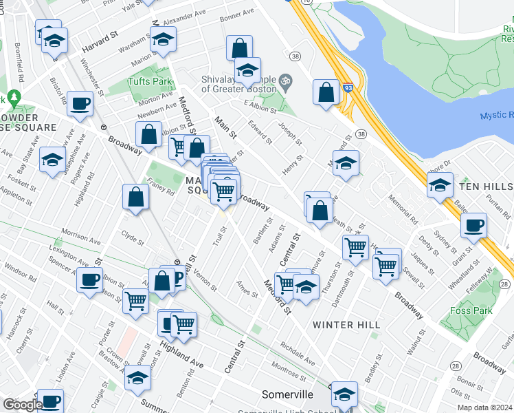 map of restaurants, bars, coffee shops, grocery stores, and more near 442 Broadway in Somerville