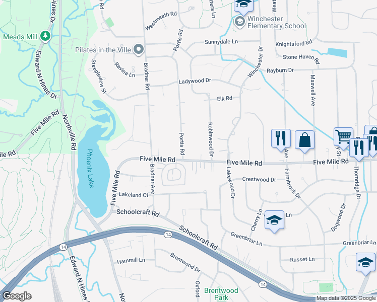 map of restaurants, bars, coffee shops, grocery stores, and more near 42038 Five Mile Road in Plymouth