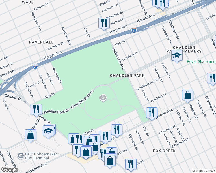 map of restaurants, bars, coffee shops, grocery stores, and more near Chandler Park in Detroit