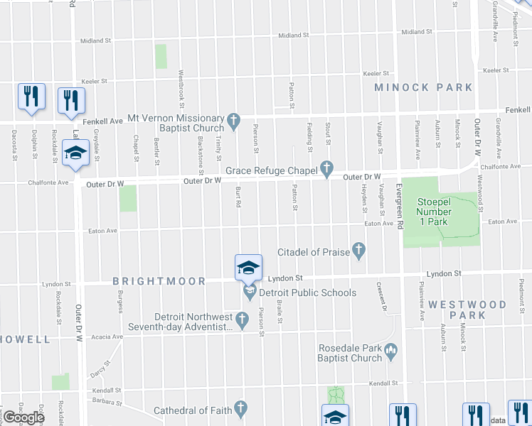 map of restaurants, bars, coffee shops, grocery stores, and more near 14836 Pierson Street in Detroit