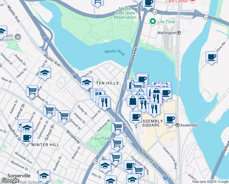 map of restaurants, bars, coffee shops, grocery stores, and more near 20 Puritan Road in Somerville