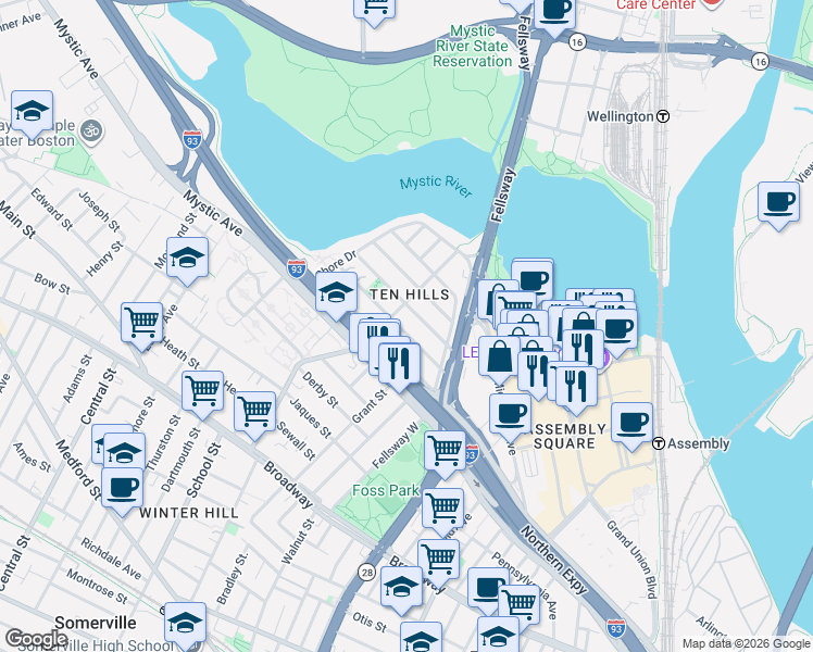 map of restaurants, bars, coffee shops, grocery stores, and more near 20 Puritan Road in Somerville