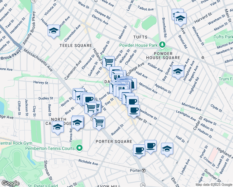 map of restaurants, bars, coffee shops, grocery stores, and more near in Somerville