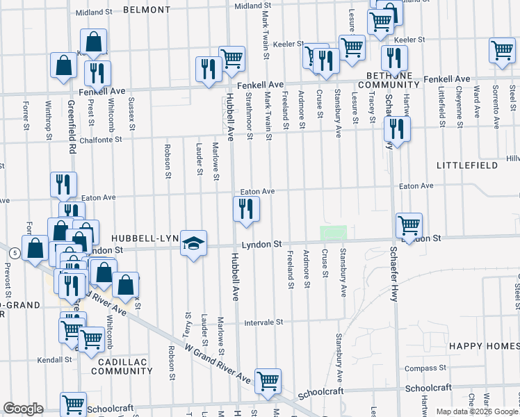map of restaurants, bars, coffee shops, grocery stores, and more near 14600 Strathmoor Street in Detroit