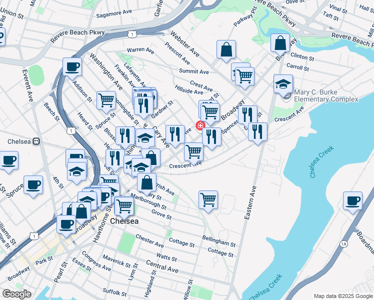 map of restaurants, bars, coffee shops, grocery stores, and more near 715a Broadway in Everett