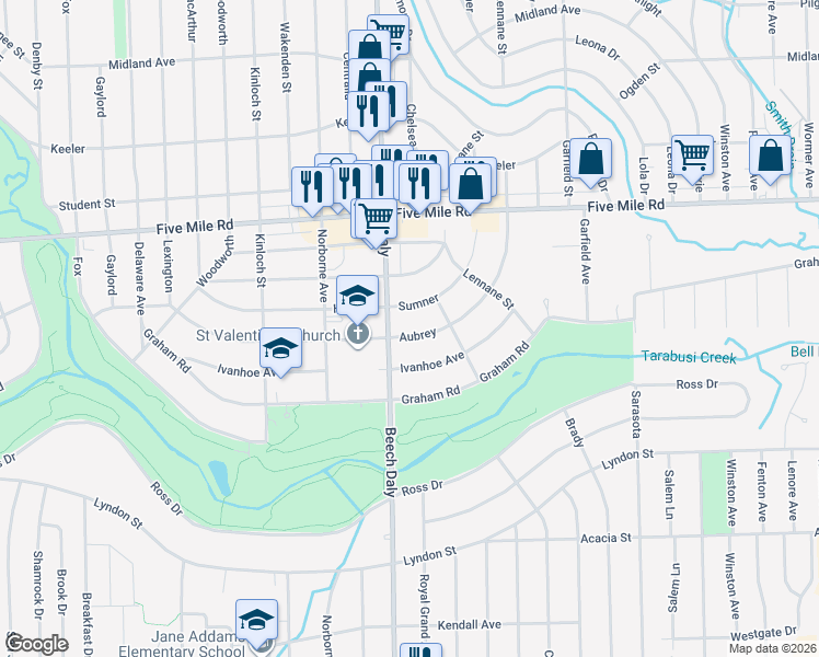 map of restaurants, bars, coffee shops, grocery stores, and more near 14827 Aubrey in Redford Charter Township