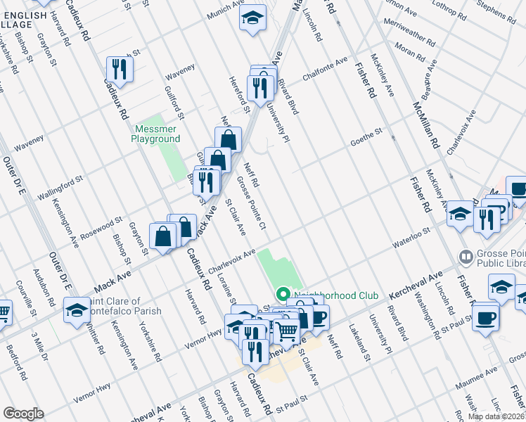 map of restaurants, bars, coffee shops, grocery stores, and more near 822 Neff Road in Grosse Pointe