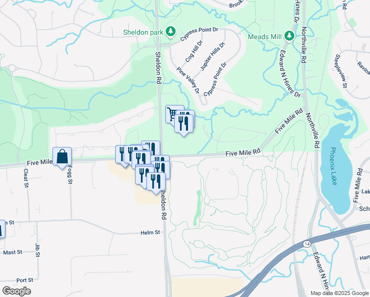 map of restaurants, bars, coffee shops, grocery stores, and more near 44190 Five Mile Road in Township of Northville