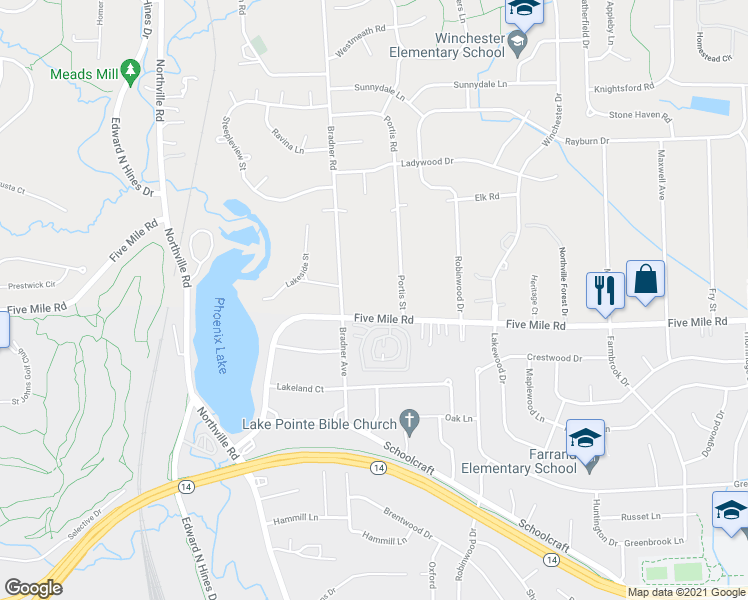 map of restaurants, bars, coffee shops, grocery stores, and more near 42260 5 Mile Road in Plymouth