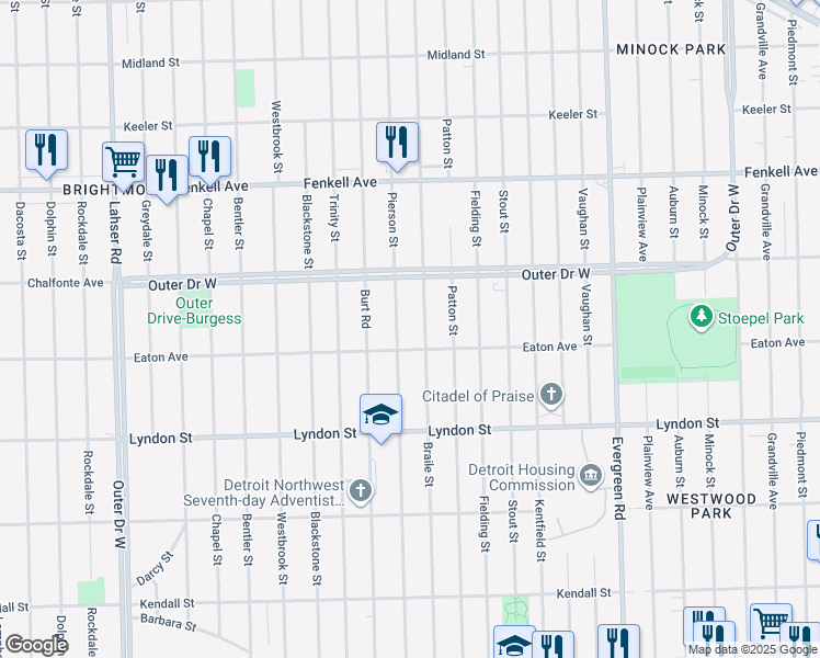 map of restaurants, bars, coffee shops, grocery stores, and more near in Detroit
