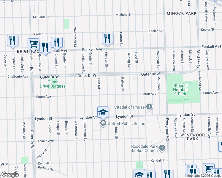map of restaurants, bars, coffee shops, grocery stores, and more near in Detroit