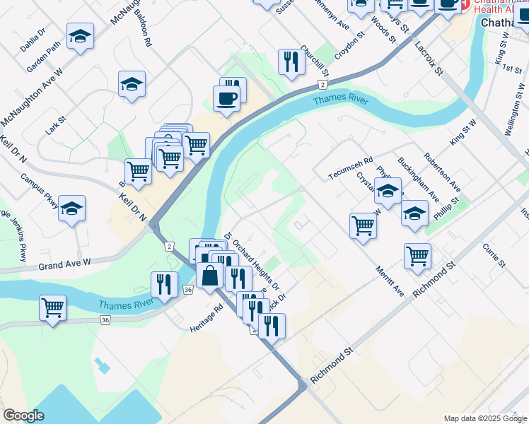 map of restaurants, bars, coffee shops, grocery stores, and more near 8 Churchill Park Road in Chatham