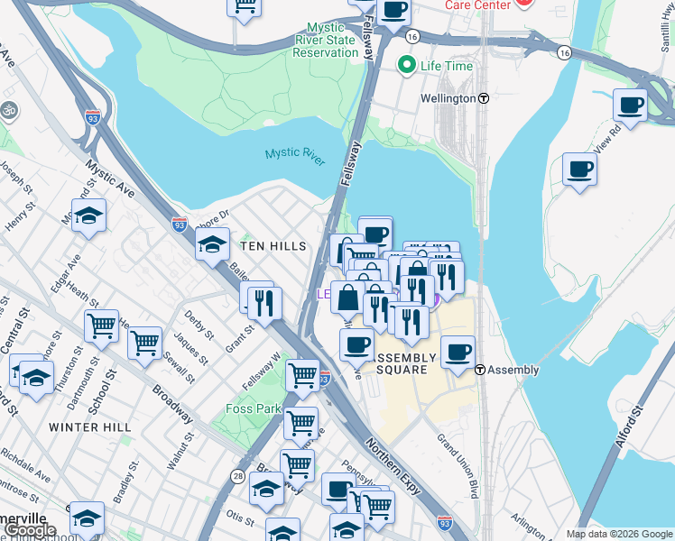 map of restaurants, bars, coffee shops, grocery stores, and more near 165 Middlesex Avenue in Somerville
