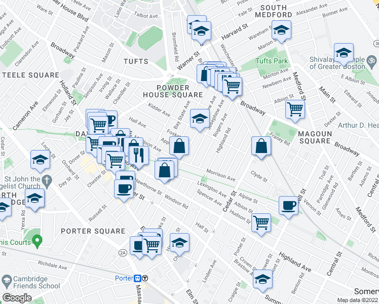 map of restaurants, bars, coffee shops, grocery stores, and more near 163 Willow Avenue in Somerville