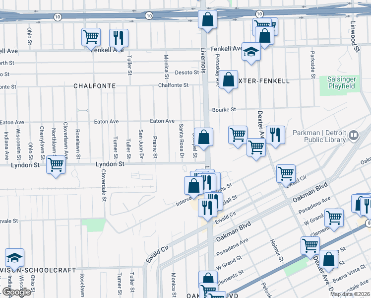 map of restaurants, bars, coffee shops, grocery stores, and more near 14538 Santa Rosa Drive in Detroit