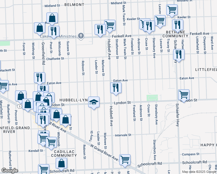 map of restaurants, bars, coffee shops, grocery stores, and more near 14600 Hubbell Avenue in Detroit