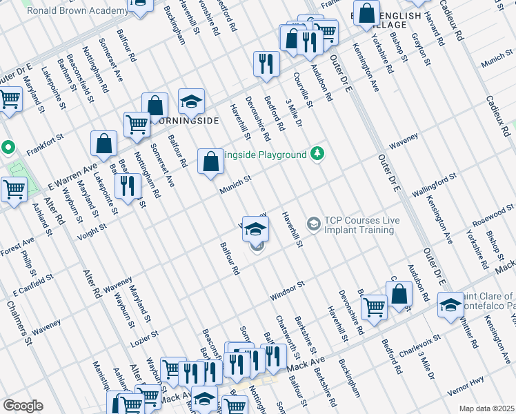 map of restaurants, bars, coffee shops, grocery stores, and more near 4303 Buckingham in Detroit