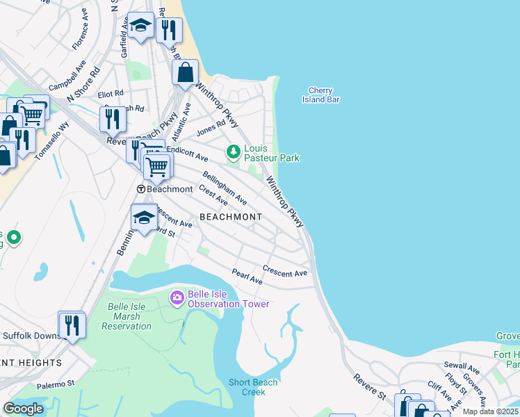map of restaurants, bars, coffee shops, grocery stores, and more near 198 Bellingham Avenue in Revere