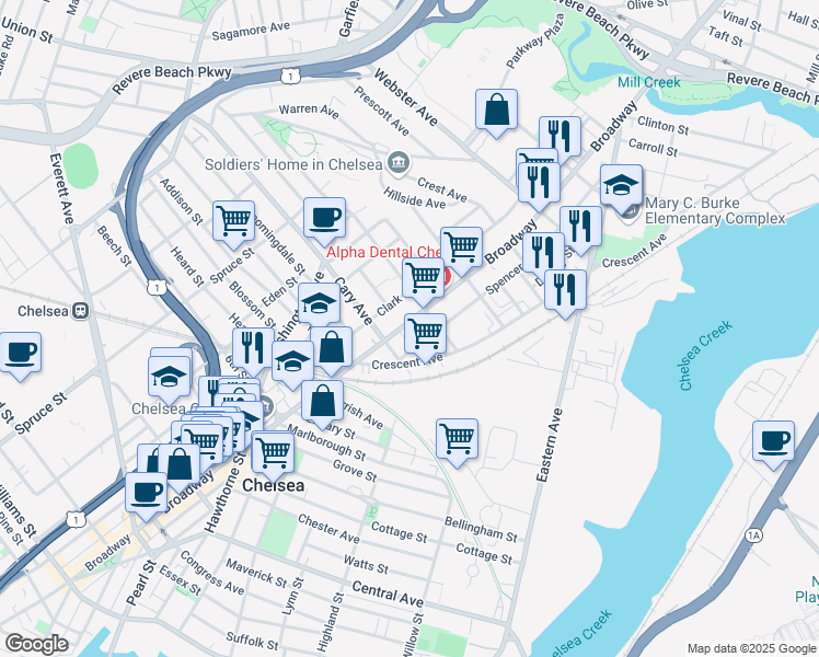 map of restaurants, bars, coffee shops, grocery stores, and more near 715a Broadway in Everett