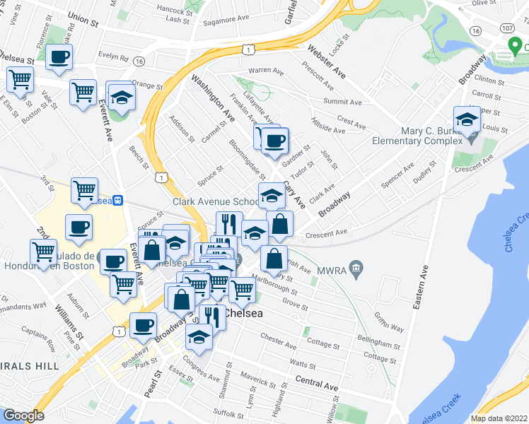 map of restaurants, bars, coffee shops, grocery stores, and more near 8 Clark Avenue in Chelsea