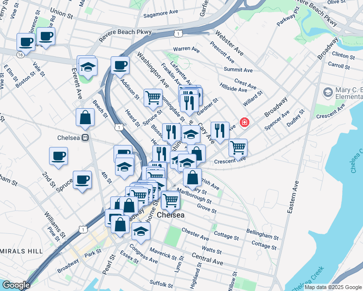 map of restaurants, bars, coffee shops, grocery stores, and more near 93 Washington Avenue in Chelsea